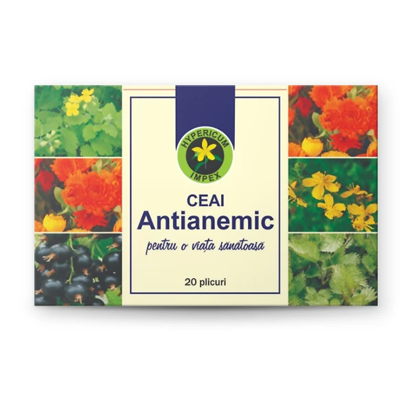 Ceai Antianemic doze Hypericum cu urzică, coacăz negru și gălbenele. Crește absorbția fierului, stimulează producția de hematii. Formulă naturală din 6 plante.