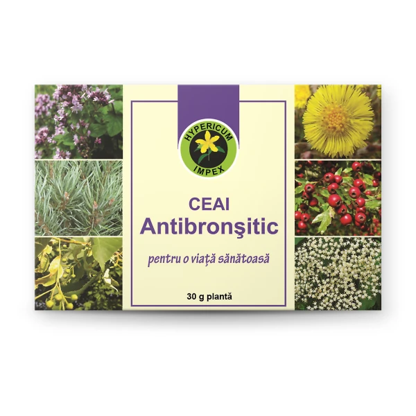 Ceai Antibronșitic vrac cu 12 plante medicinale: pin, podbal, pătlagină, tei, cimbrișor. Acțiune expectorantă, antiinflamatoare și calmantă. 30g.