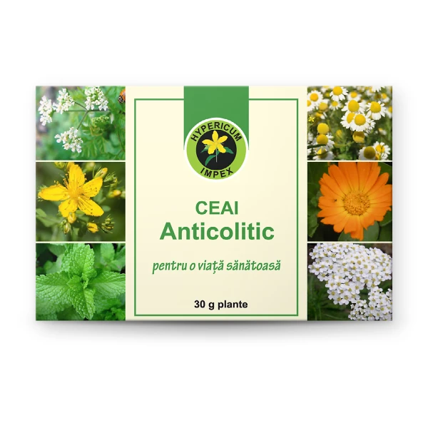 Ceai Anticolitic vrac cu Mușețel, Mentă, Sunătoare, Coada-șoricelului, Coriandru și Gălbenele. Reduce colicile, balonarea și disconfortul gastric. 30g.