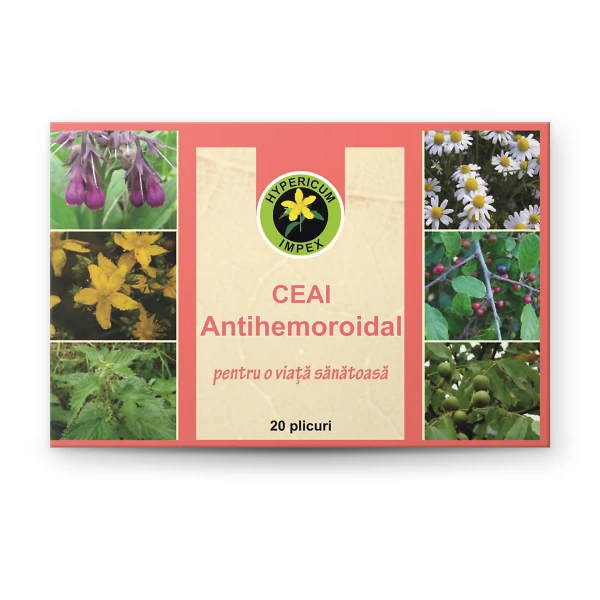Ceai Antihemoroidal Hypericum cu 8 plante: calmeaza hemoroizii, regleaza tranzitul intestinal, actiune venotonica, hemostatica si antiinflamatoare.