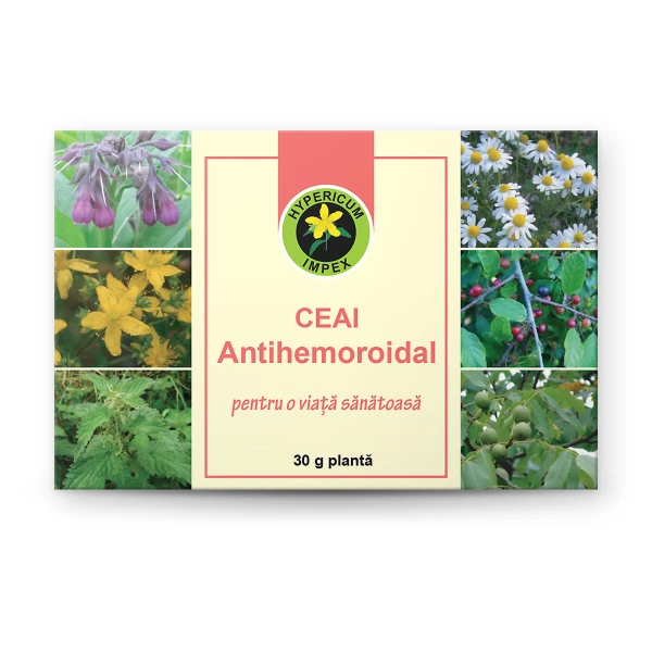 Ceai Antihemoroidal vrac cu 8 plante: venotonic, hemostatic și laxativ. Calmează hemoroizii și reglează tranzitul intestinal. Hypericum.