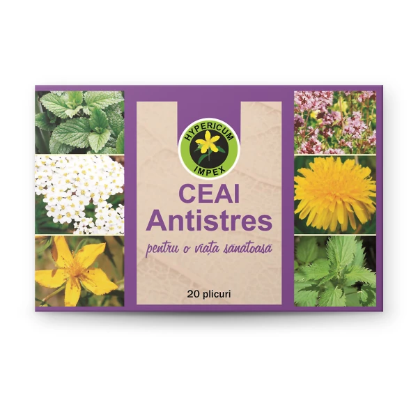 Ceai Antistres cu sunătoare, păducel, mentă și 10 plante medicinale. Acțiune adaptogenă, calmantă, imunostimulatoare. 2-3 căni/zi, cure de 2 săptămâni.
