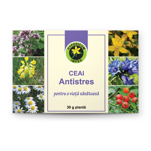 Ceai Antistres vrac Hypericum cu sunătoare, păducel, mentă, mușețel. Acțiune calmantă, adaptogenă și digestivă. 13 plante din flora spontană.