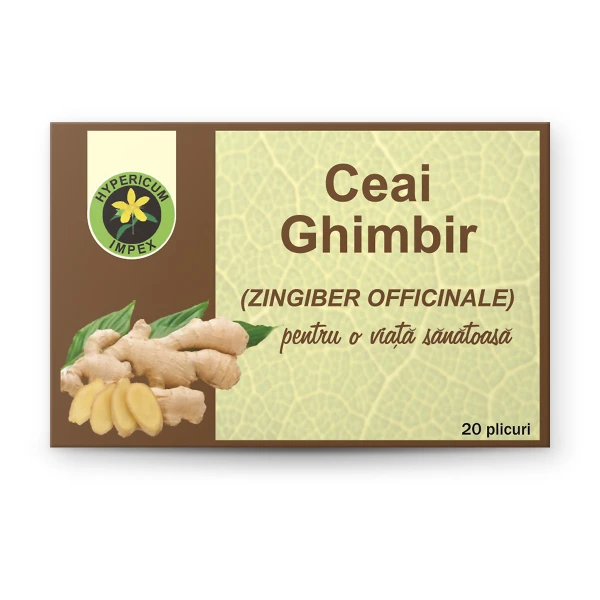 Ceai Ghimbir doze — ceai natural din Ghimbir pentru stimularea digestiei, combaterea greței și acțiunea antiinflamatoare. Calitate Hypericum, plicuri.