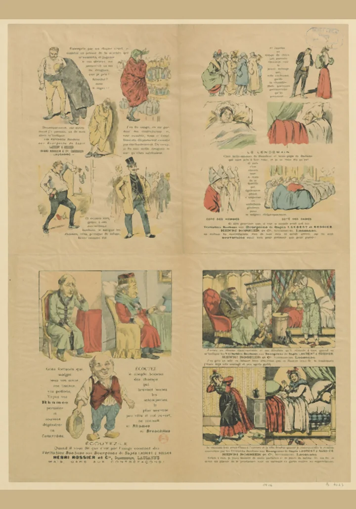 Foaie ilustrată veche, cu patru scene desenate și text în franceză, care face reclamă unor bomboane cu muguri de brad din Lausanne
