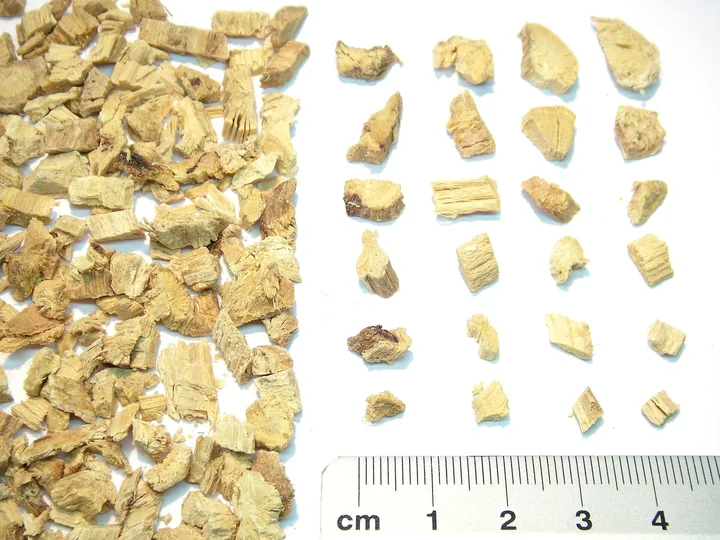 Rădăcină uscată de lemn-dulce, mărunțită, lângă o riglă gradată în centimetri
