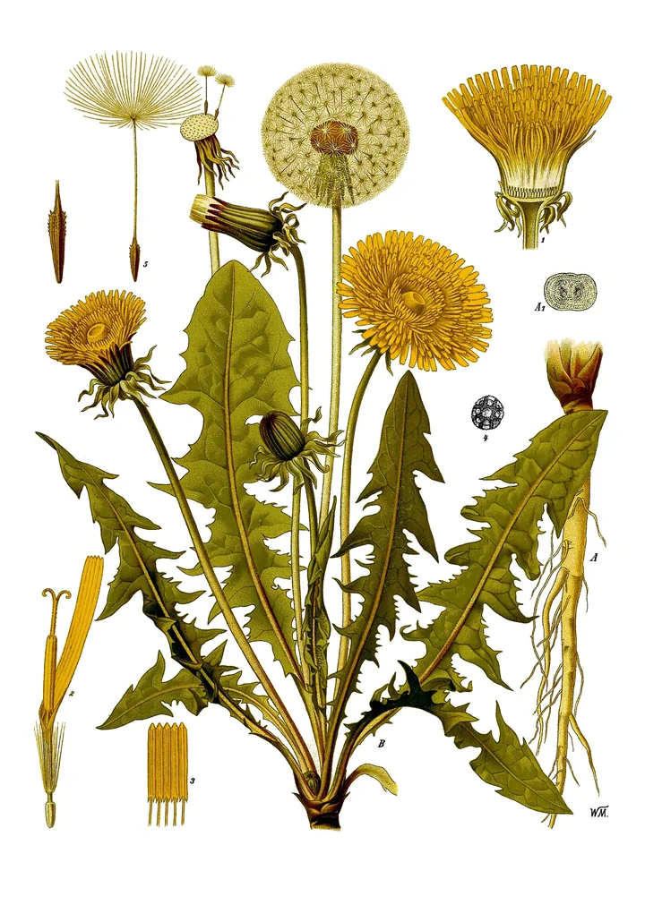 Planșă botanică veche cu păpădie: rozetă de frunze dințate, capitule galbene, un glob de puf, rădăcina pivotantă și detalii ale florii și ale fructului