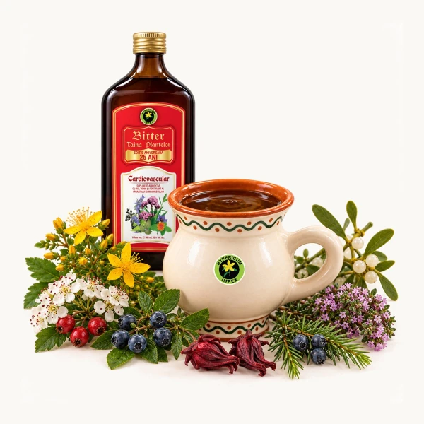 Extract din 30 plante medicinale pentru protecția cardiovasculară. Acțiune cardiotonică, reduce colesterolul, combate inflamația. Calitate Hypericum.