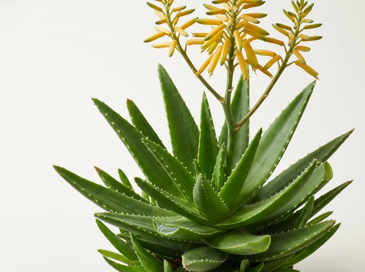 Plantă de aloe cu frunze cărnoase, zimțate, și tijă cu flori galbene