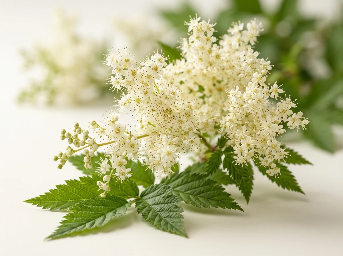 Inflorescență de crețușcă, cu flori mici, albe-crem, și frunze zimțate, pe fond alb