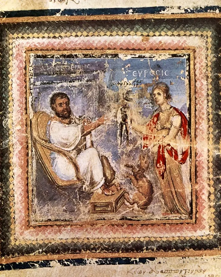 Pictură bizantină veche într-un chenar colorat: Dioscoride, în robă albă, primește de la Heuresis, personificarea descoperirii, o rădăcină de mandragoră; jos se vede un câine