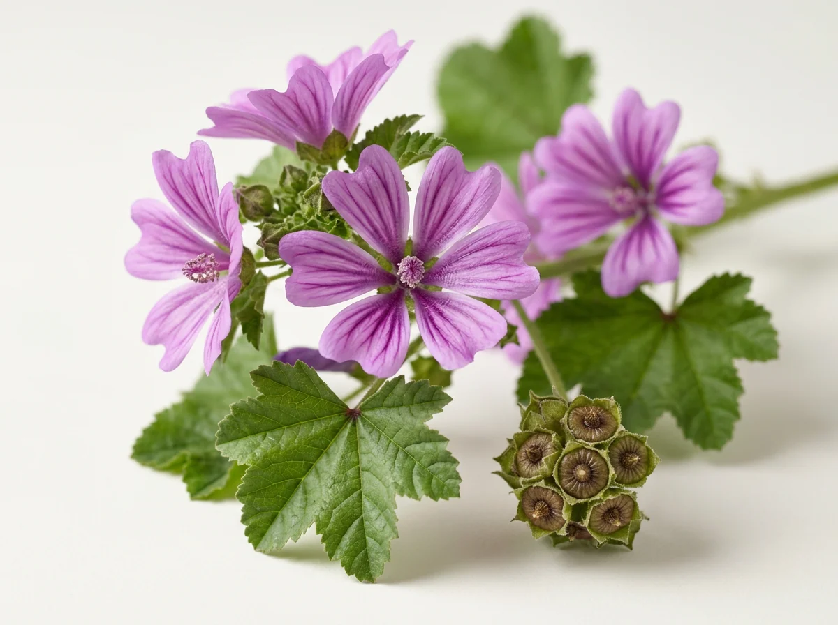 Flori roz-violet de nalbă de pădure, cu vene mai închise, frunze lobate cu marginea crenată și un fruct discoidal, pe fond alb