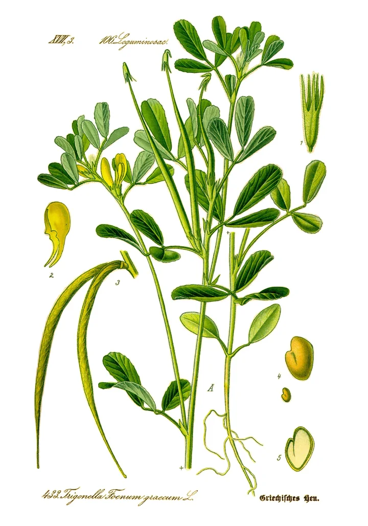 Planșă botanică veche cu schinduf: tulpini cu frunze din trei foliole, flori galbene, păstăi lungi, semințe și rădăcină
