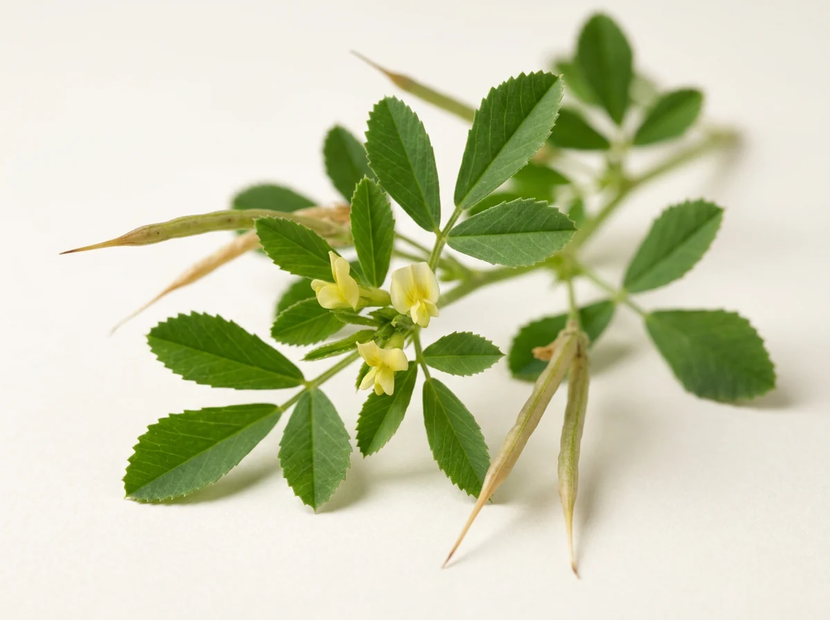 Ramură de schinduf cu frunze trifoliate, flori gălbui și păstăi lungi