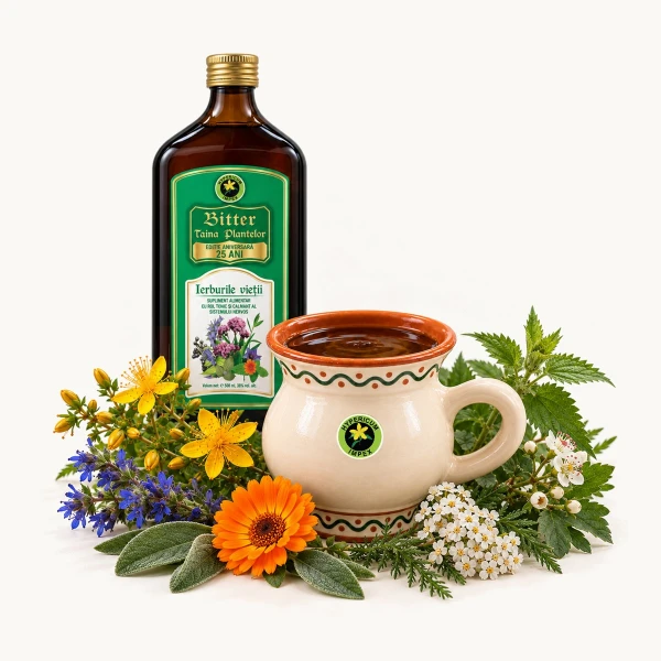 Extract din 21 plante medicinale românești. Tonic nervos, energizant natural, susține imunitatea, detoxifierea și sănătatea cardiovasculară. Hypericum.