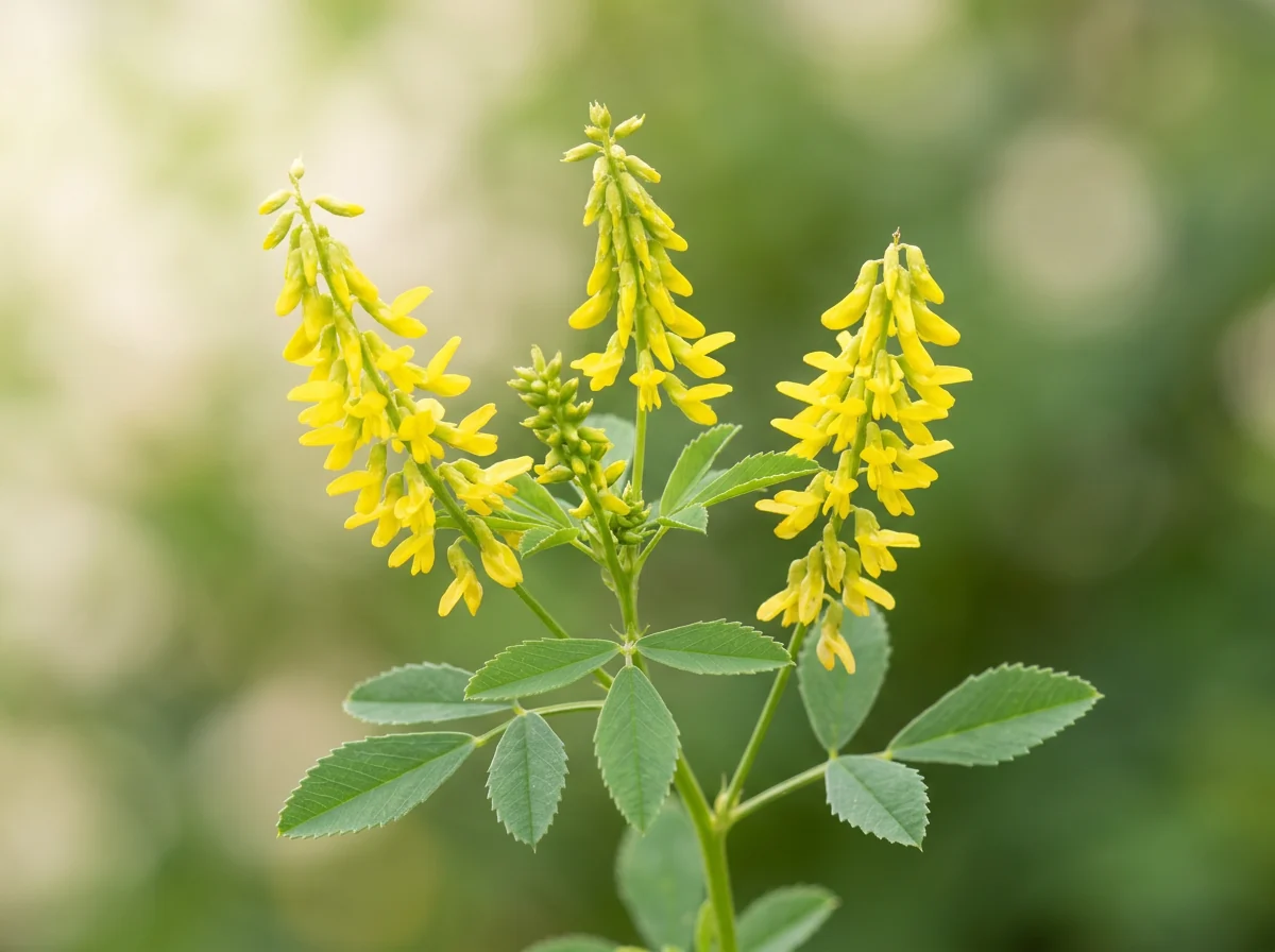 Sulfină galbenă cu ciorchini de flori galbene și frunze trifoliate