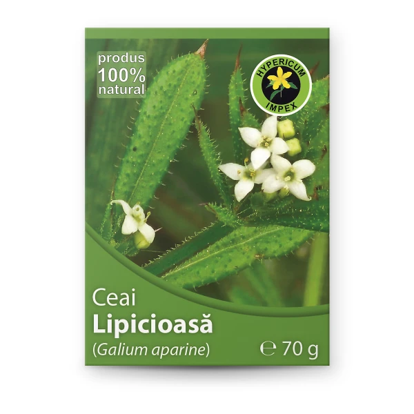 Ceai de Lipicioasă (Galium aparine) vrac 70g Hypericum. Stimulează drenajul limfatic, susține detoxifierea, are acțiune depurativă, diuretică și antioxidantă.