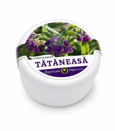 Crema tip balsam Tătăneasă ajută la reducerea durerilor reumatice, calmarea hemoroizilor, reducerea inflamațiilor articulare, resorbția hematoamelor.