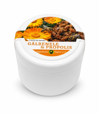 Crema tip balsam Gălbenele și Propolis - produs cosmetic natural, pentru îngrijirea zilnică a pielii. Acțiune emolientă, cicatrizantă și regenerantă.
