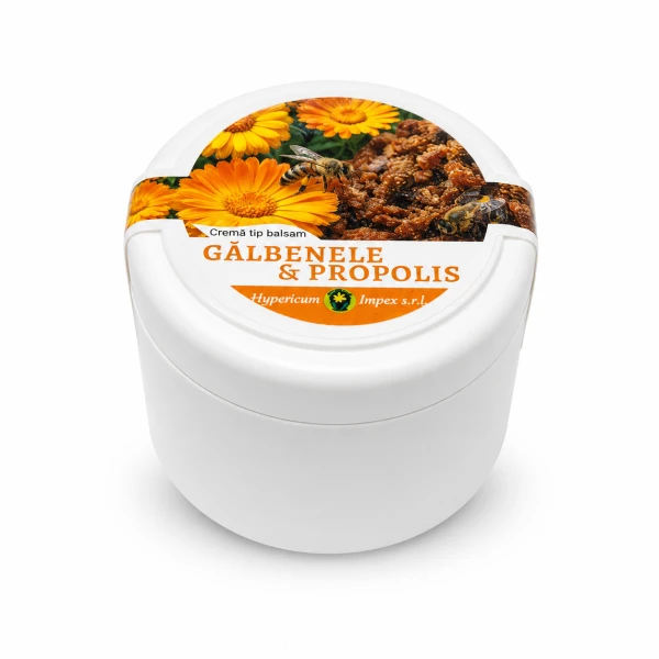 Crema tip balsam Gălbenele și Propolis - produs cosmetic natural, pentru îngrijirea zilnică a pielii. Acțiune emolientă, cicatrizantă și regenerantă.