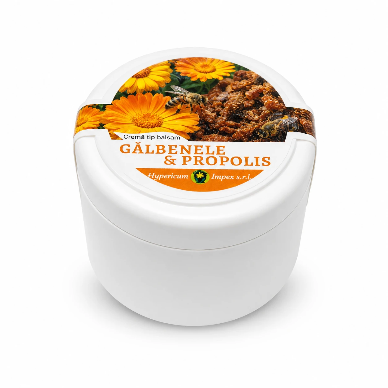 Crema tip balsam Gălbenele și Propolis - produs cosmetic natural, pentru îngrijirea zilnică a pielii. Acțiune emolientă, cicatrizantă și regenerantă.