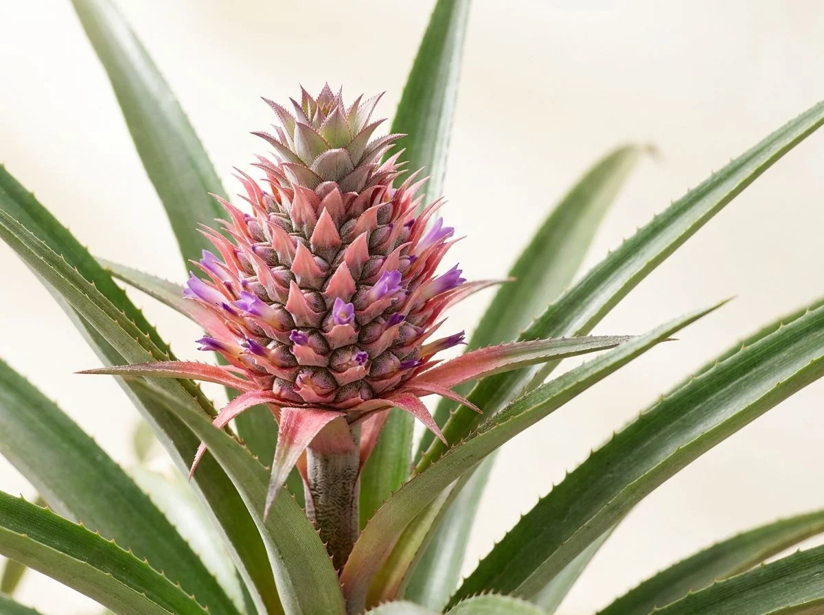 Ananas în floare: un fruct tânăr, cu bractee roz și flori mov, între frunze lungi, cu marginea spinoasă