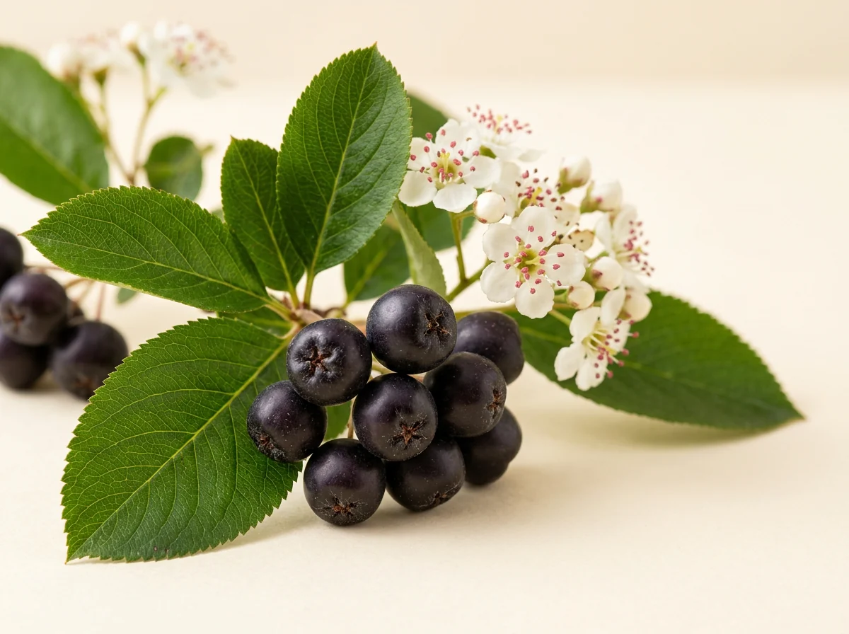 Ramură de aronia cu fructe negre-violacee, flori albe și frunze verzi lucioase