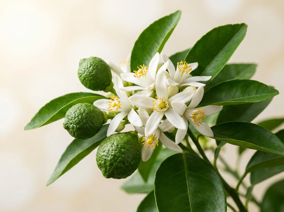 Ramură de bergamot cu flori albe, în formă de stea, și trei fructe verzi, cu coaja zgrunțuroasă, între frunze verde închis
