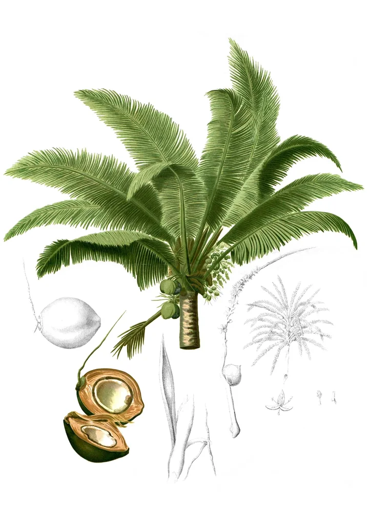 Planșă botanică veche cu palmier de cocos, nuca întreagă și tăiată în două, inflorescența și detalii ale florilor