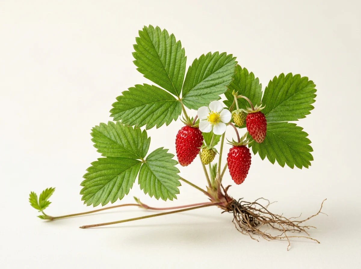 Fragă de pădure (Fragaria vesca): plantă cu frunze verzi trifoliate și dințate, o floare albă cu centrul galben, fructe roșii mici, conice, stoloni și rădăcini, pe fond crem