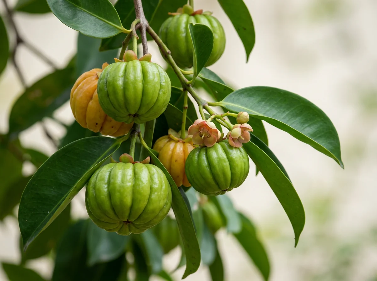 Ramură de garcinia cu fructe verzi și portocalii, cu creste pe lungime, și flori mici, roz-portocalii, între frunze lucioase