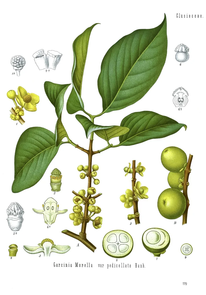 Planșă botanică veche, colorată, cu o ramură de Garcinia hanburyi, cu flori galbene și fructe rotunde, netede, verzi, și detalii ale florii și fructului