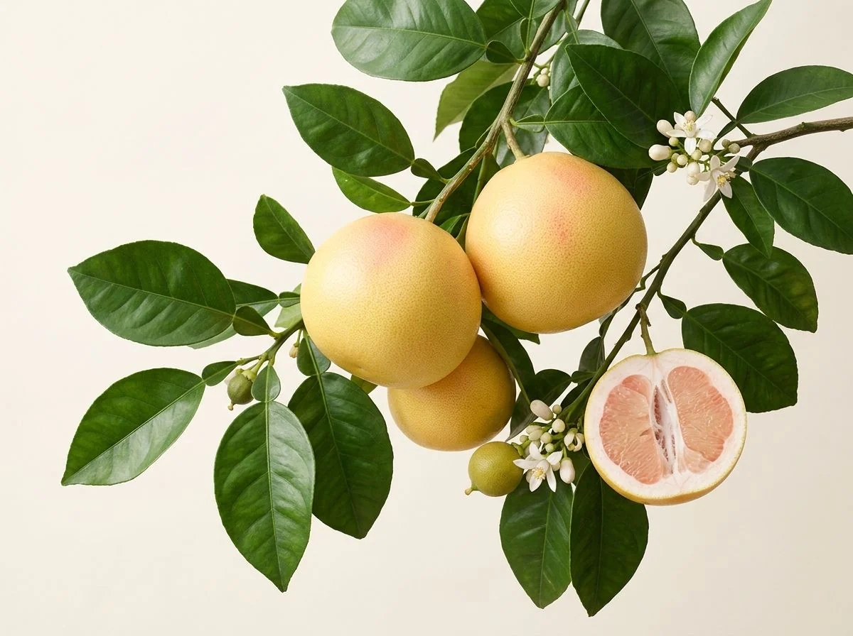 Ramură de grapefruit cu fructe galbene cu nuanțe roz, flori albe, muguri și frunze verzi lucioase, lângă un fruct tăiat în două, cu pulpa roz