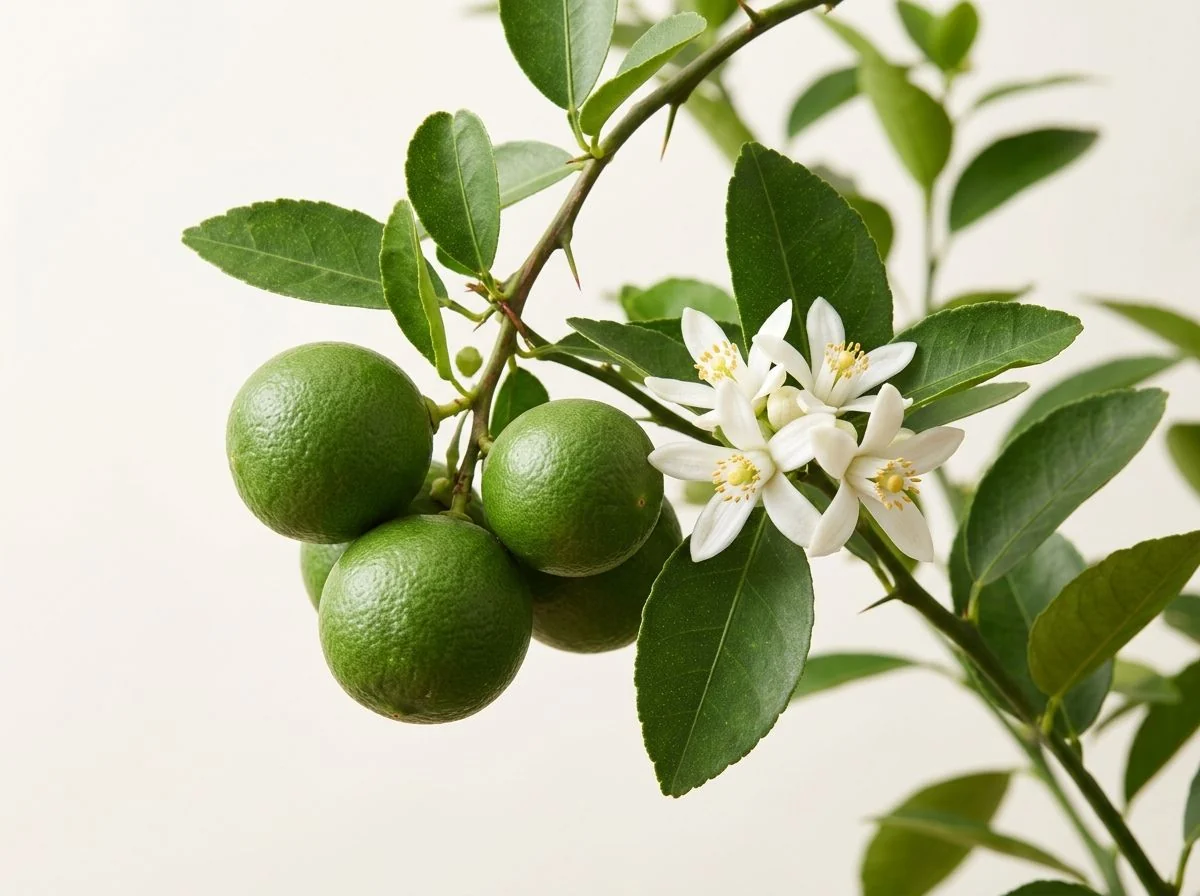 Ramură de lime cu fructe verzi, rotunde, și flori albe cu stamine galbene, printre frunze lucioase și spini mici