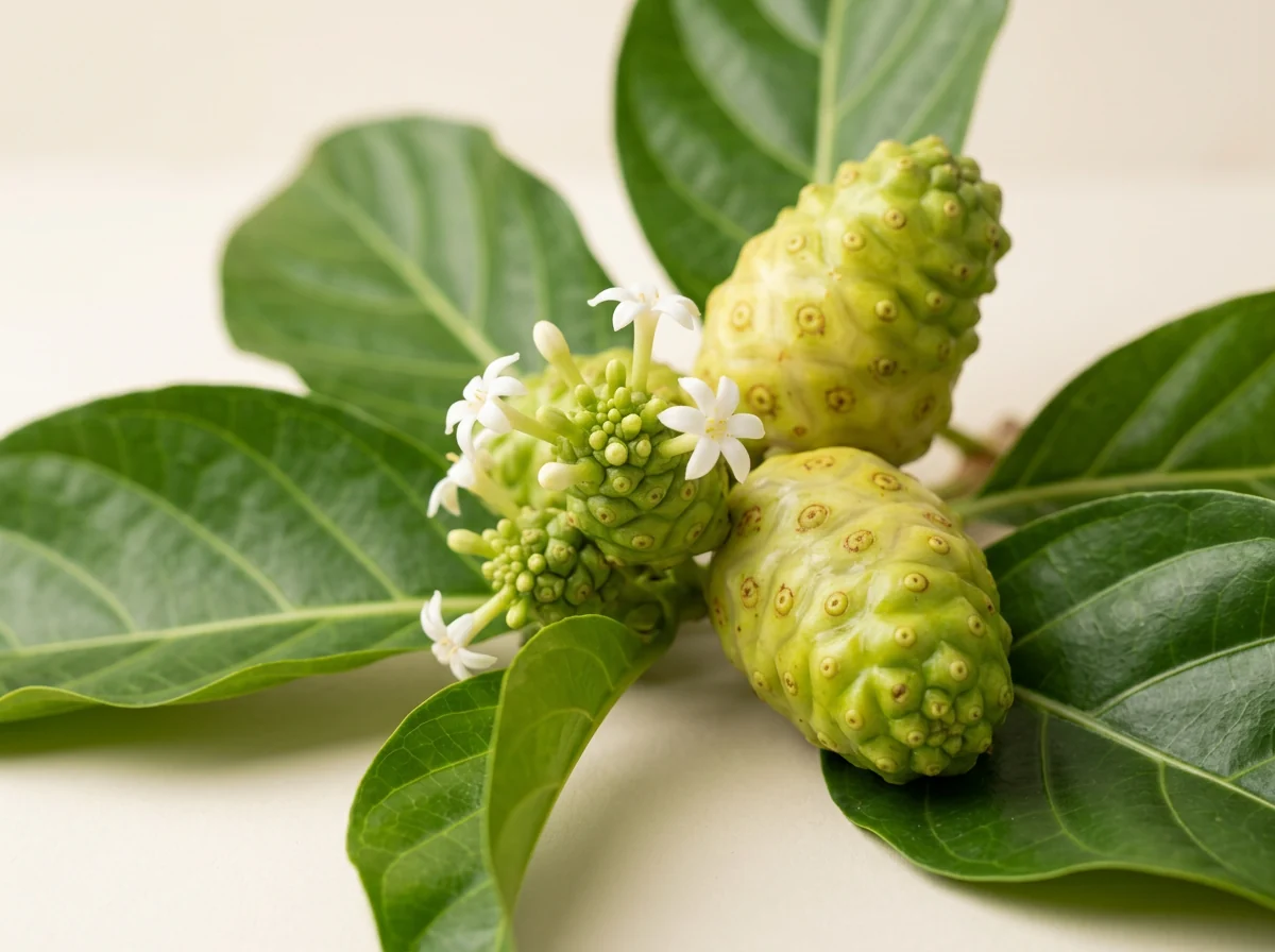 Ramură de noni cu frunze verzi, lucioase, flori albe și două fructe verzi, cu adâncituri rotunde, pe fundal crem