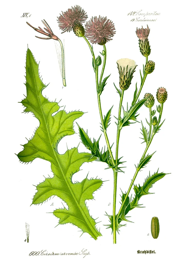 Planșă botanică veche, colorată, cu pălămidă: o frunză mare, spinoasă, tulpini cu capitule roz-purpurii, o floare și fructul desenate separat