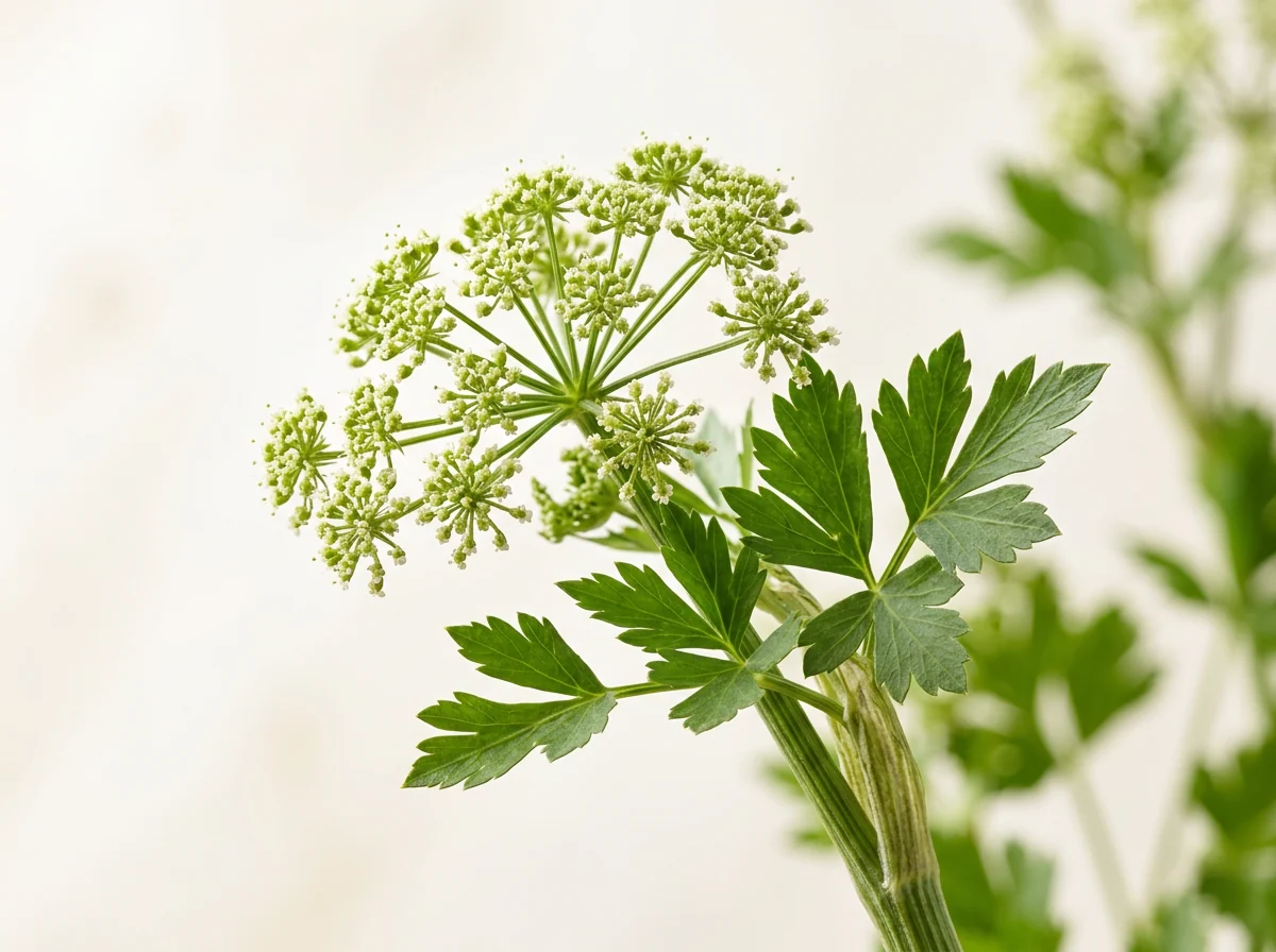Țelină în floare: umbelă cu flori mici, albe-verzui, deasupra unor frunze verzi, dințate, pe o tulpină cu muchii, pe fond crem