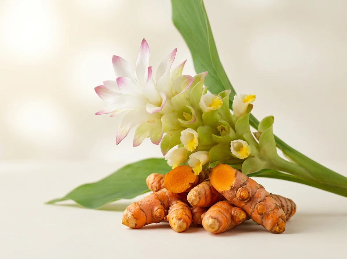 Rizomi de turmeric, unul tăiat, cu miezul portocaliu, sub inflorescența albă cu vârfuri roz