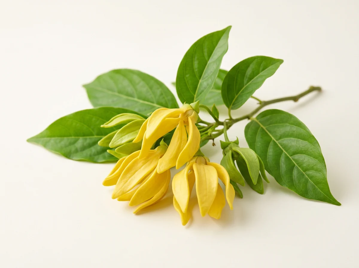 Ramură de ylang-ylang cu flori galben-verzui, lăsate în jos, și frunze verzi, pe fundal crem